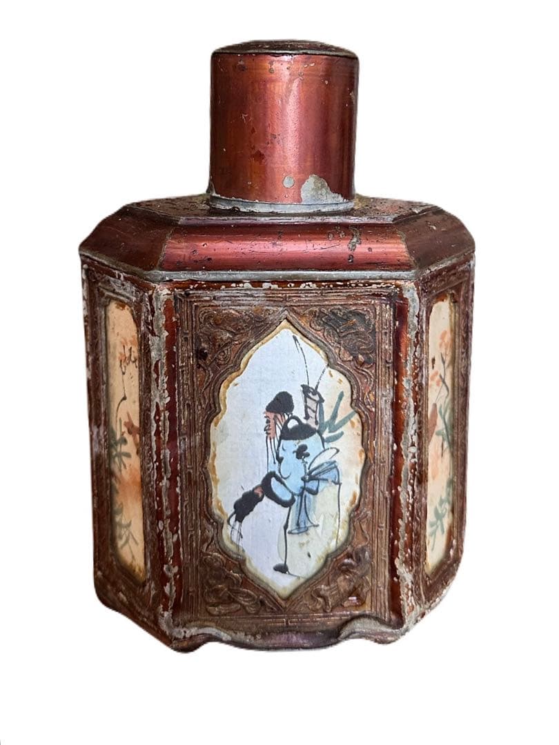 中国潮陽永和錫製茶葉罐百年以上古董六面手描き絵美術品時代物