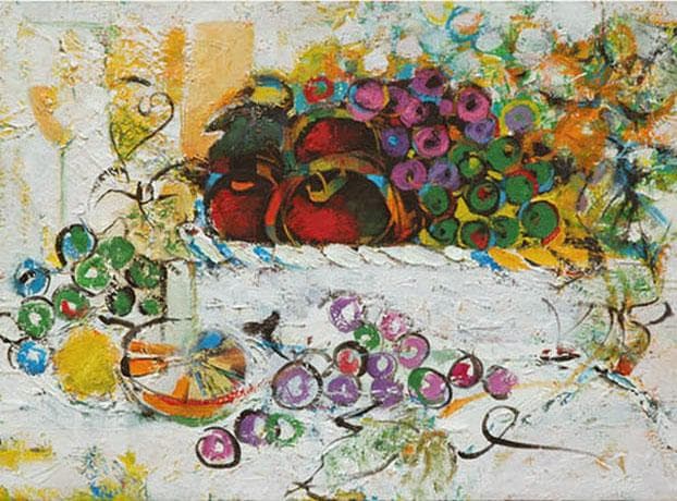 油絵 菅家令子 絵 絵画インテリア額付(白) uF6-060210 フルーツ