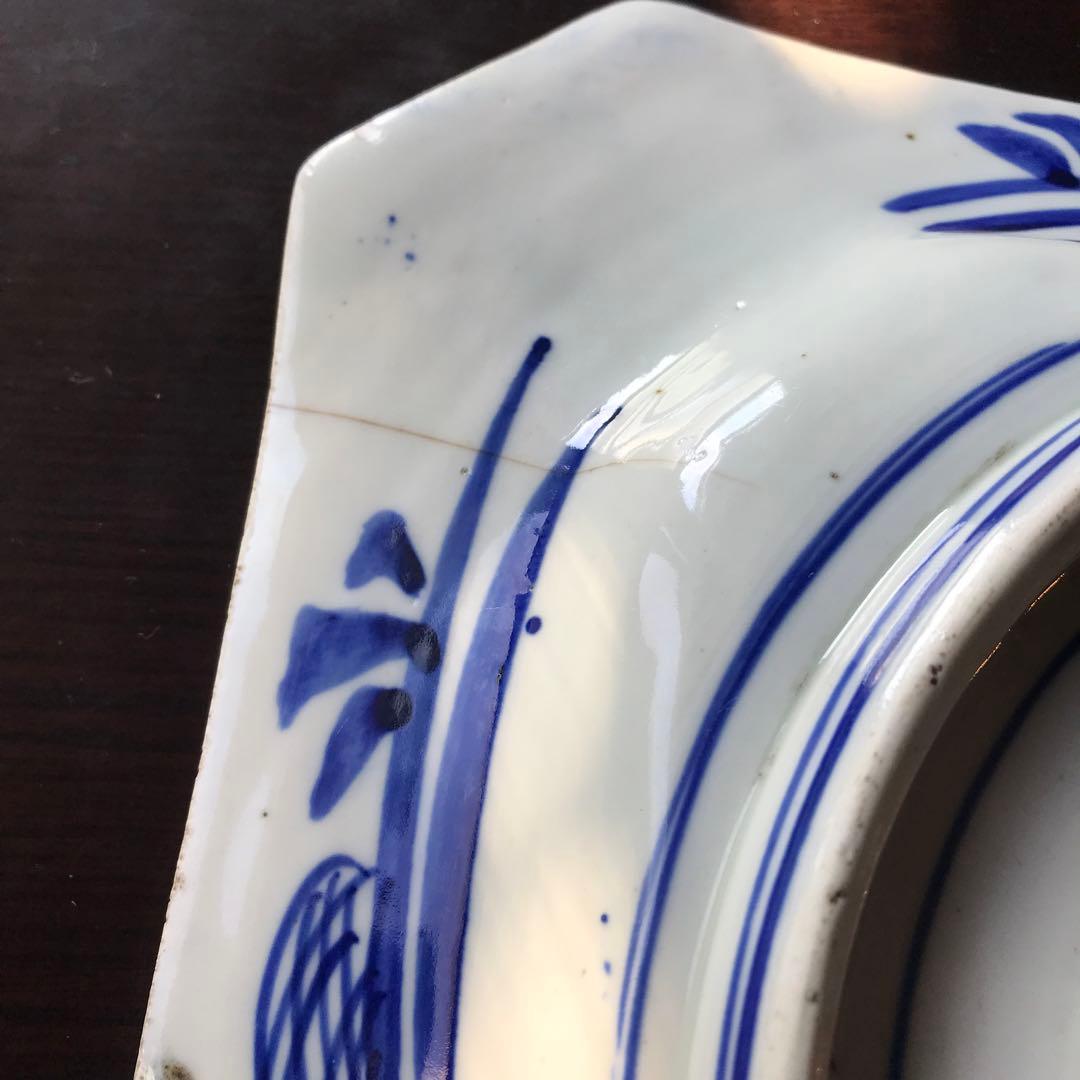 美品　古伊万里　陶器　年代物　盛り皿　角皿　八角絵皿　線画　山水の絵柄が素敵な