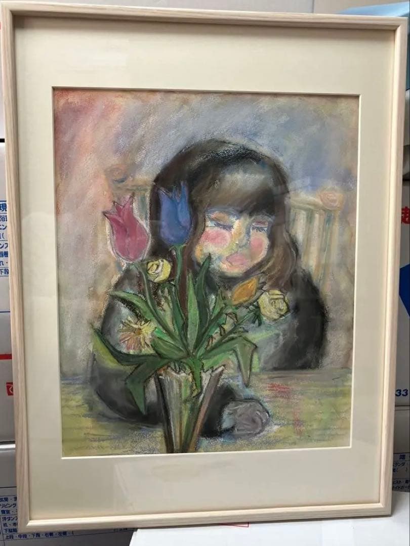 少女と花のパステル画三々サイズアートインテリア