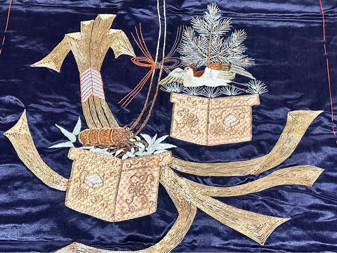 明治期・刺繍袱紗 熨斗目 松に雀 竹に海老 金駒刺繍 繻子 裏赤縮緬