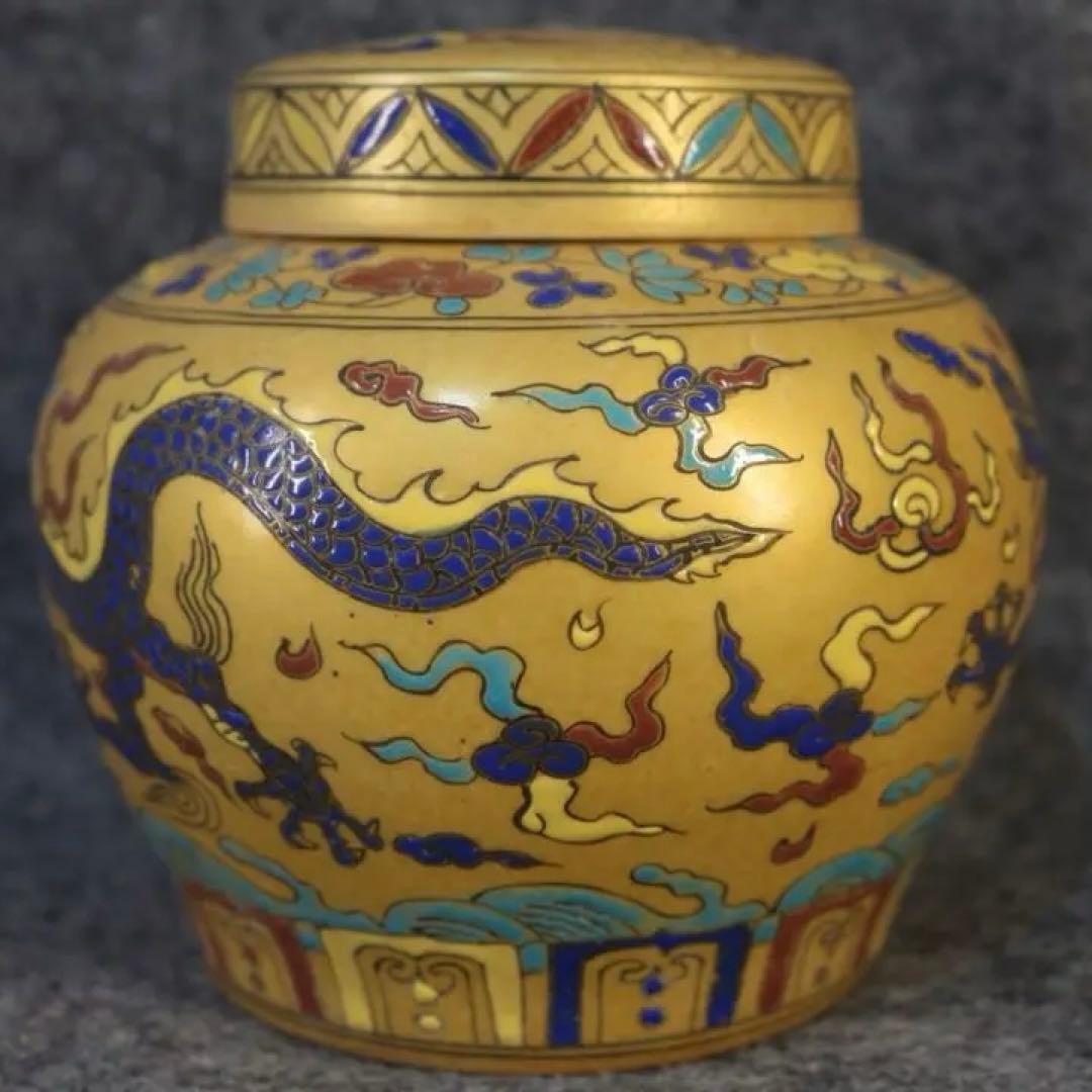 古美術　大明成化時代　文房具　置物　描金海水龍紋　茶葉罐　天字罐　縁起物