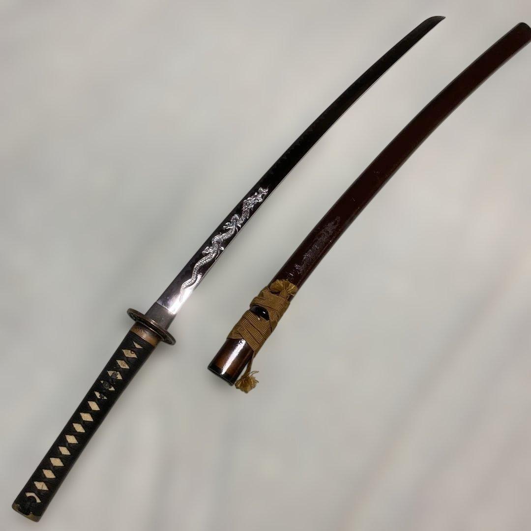 模造刀 濃緑柄 角松透し楕円鍔 茶鞘