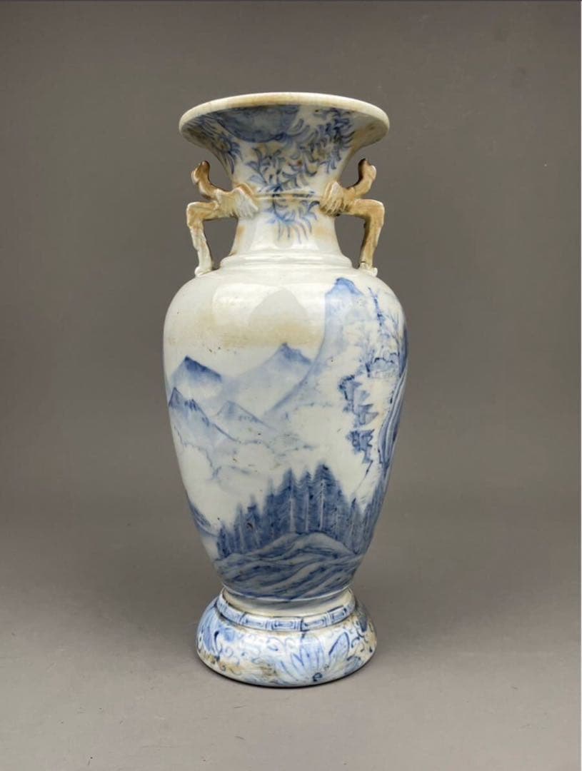 平戸焼 耳付花瓶 双耳 染付 飾壺 茲朗窯 山水図 本時代 希少品 白磁 花器