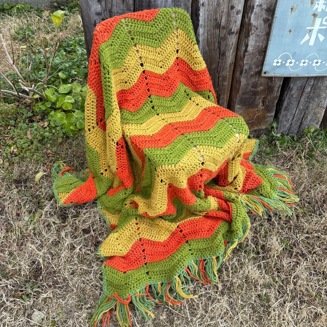 【USA vintage】グラニーブランケット ギザギザ レトロカラー