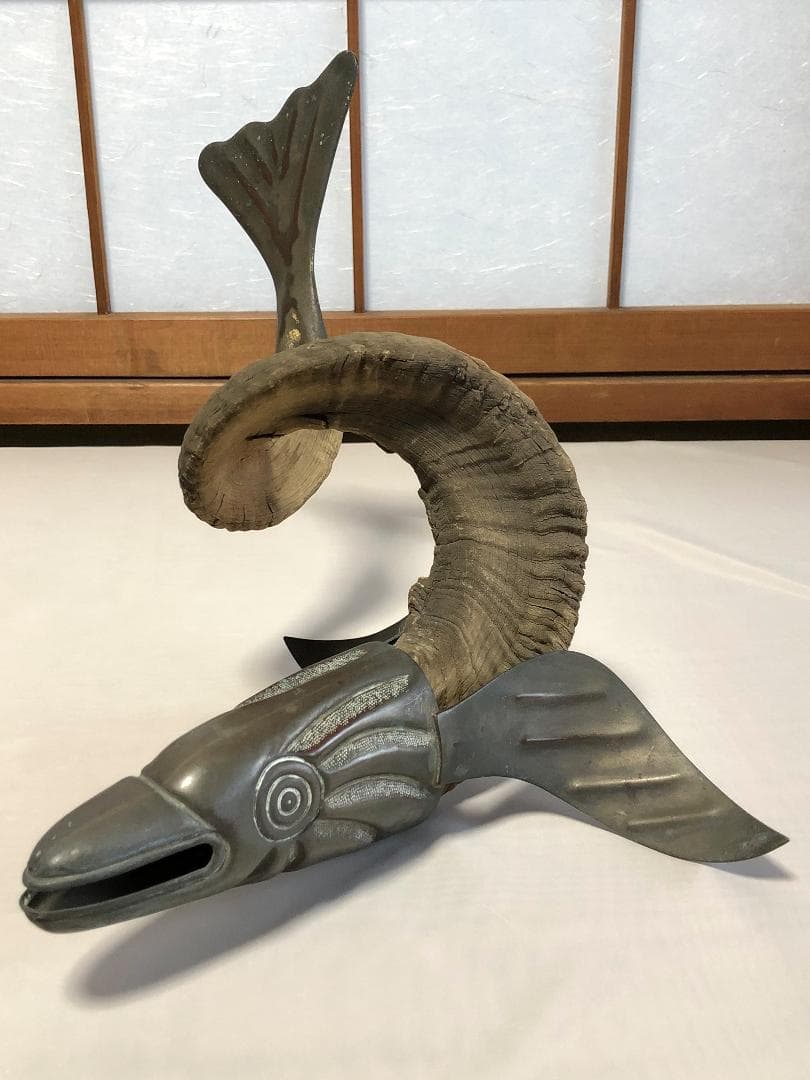 【 稀少文物 】　山羊角、金銅彫金　『魚オブジェ』　清朝古玩