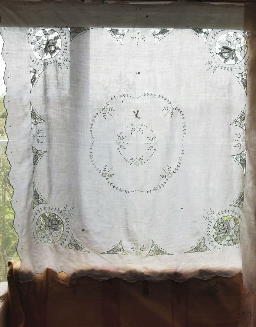 アンティーク カットワーク ニードルポイントローズ 薔薇 花刺繍リネン大判クロス