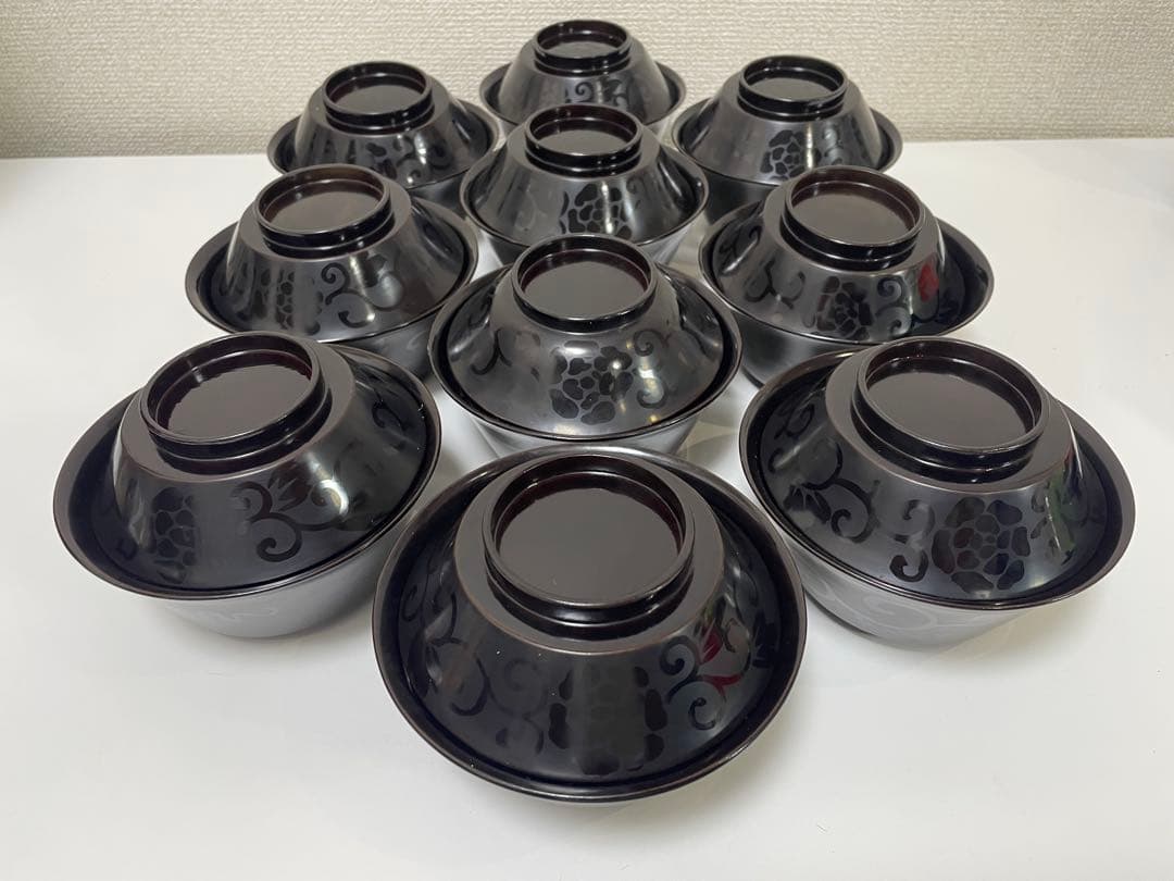 黒漆器 黒漆 内黒塗 漆器 吸物 懐石椀 煮物椀 10客 唐草柄 アンティーク