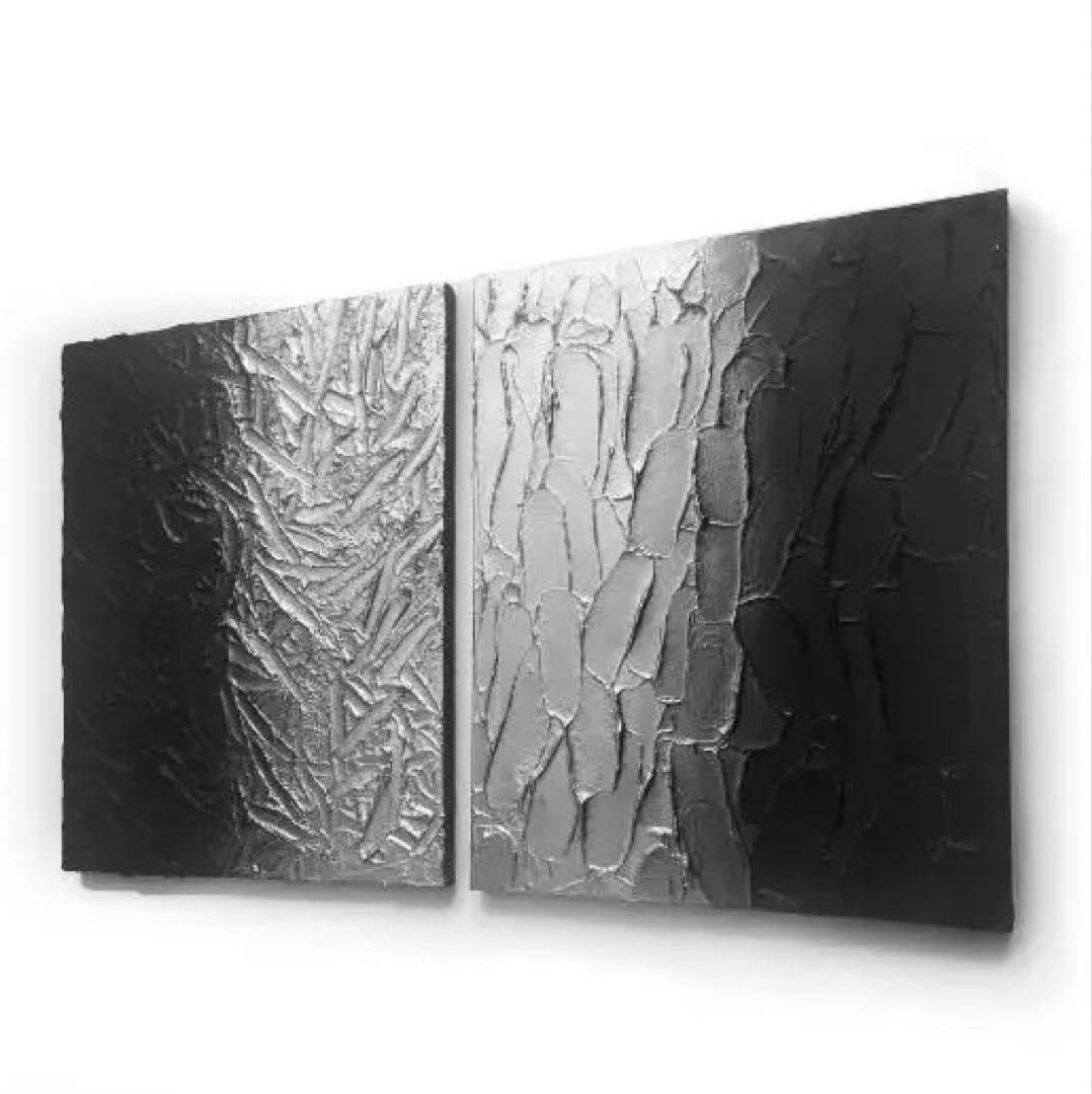 黒と銀の抽象画 二枚組｜F3サイズ｜ストリートアート　テクスチャーアート　絵画