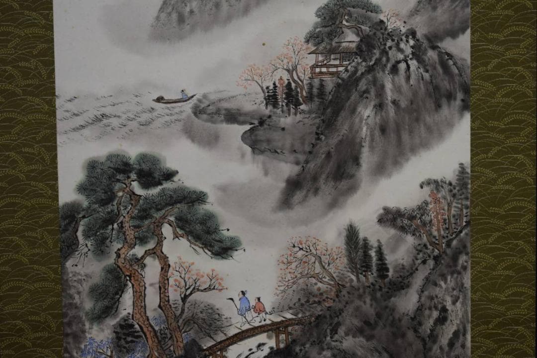 真作/蒼雪/春景山水人物図/桐共箱付/布袋屋掛軸HD-673