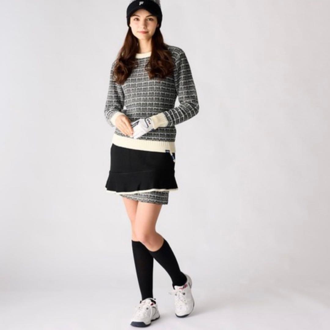 新品LLフィラFILA セーター スカート ゴルフセットアップ 2way 黒白