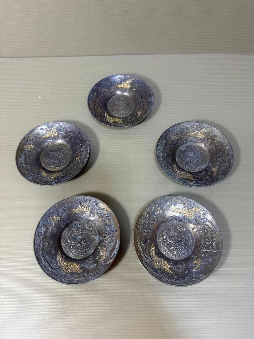 2257  時代　茶托　5客　龍文鳳凰　古銅　茶道具　金属工芸