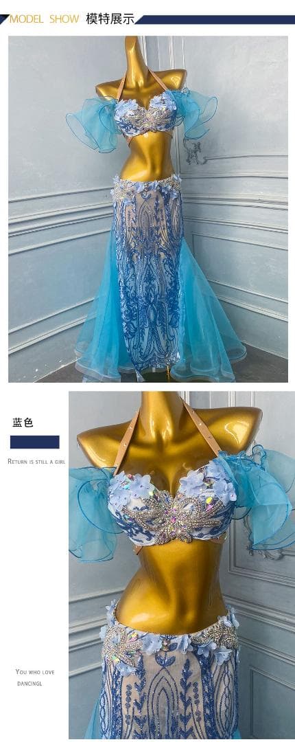 ベリーダンス衣装 ビジュー ブルー×パープル舞台用 ロングスカートセット