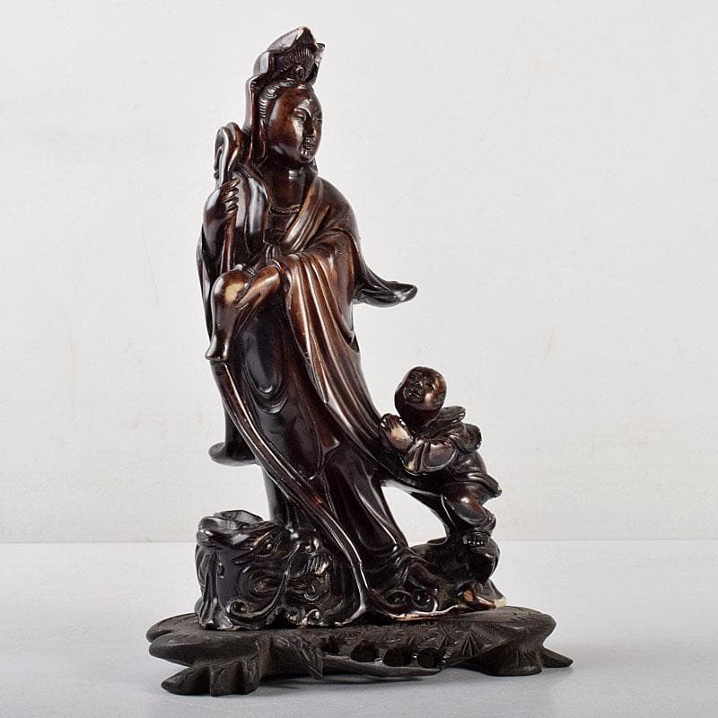 中国　玉石蝋石　唐子観音像　置物　唐木台付　M　R4735
