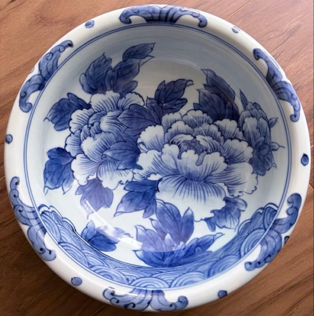 未使用 有田焼 一作窯 染付牡丹青海波 鉢 作家物 山口清久 手描き 古染付