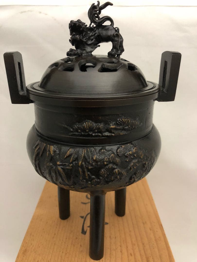 香炉 獅子 松茸梅 銅製 共箱 彫刻 開運 風水 骨董 古美術 アンティーク