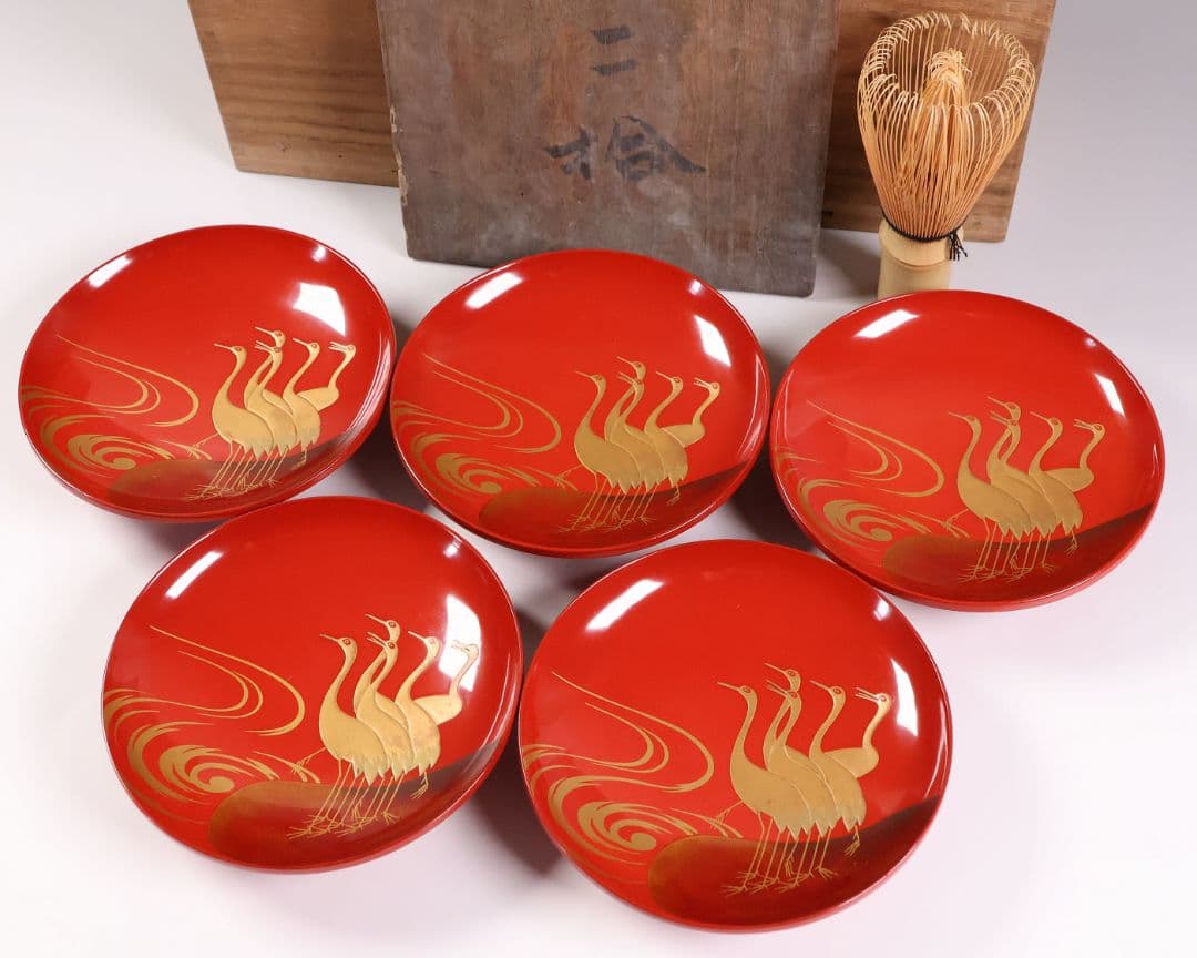 【CM375】時代木製漆器 光琳写 金蒔絵 群鶴図 朱塗 引盃 五客 小皿 杯