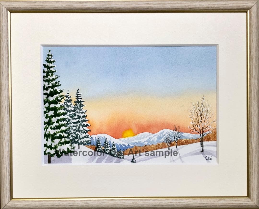 透明水彩画　原画　「冬の朝」額縁付　SMサイズ　風景画