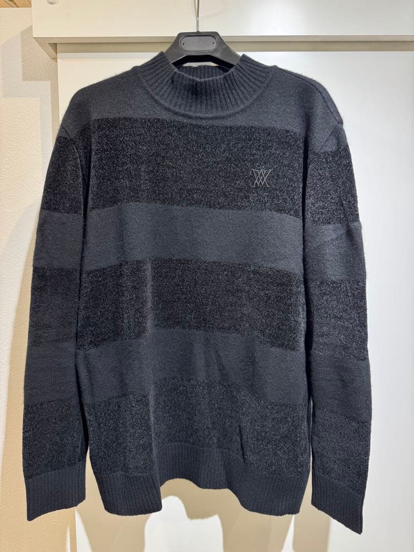 美USED ANEW GOLF メンズ モックネックボーダー刺繍ロゴニット