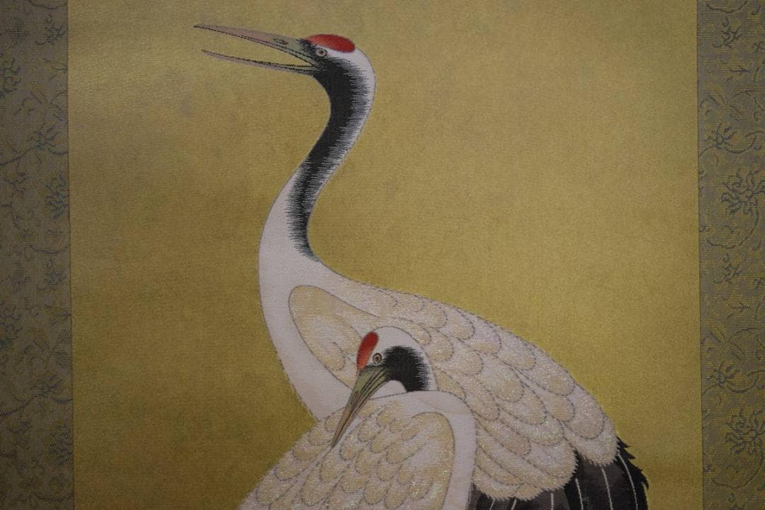 不詳/螺鈿/双鶴図/織物/桐共箱太巻二重箱付/布袋屋掛軸HD-918