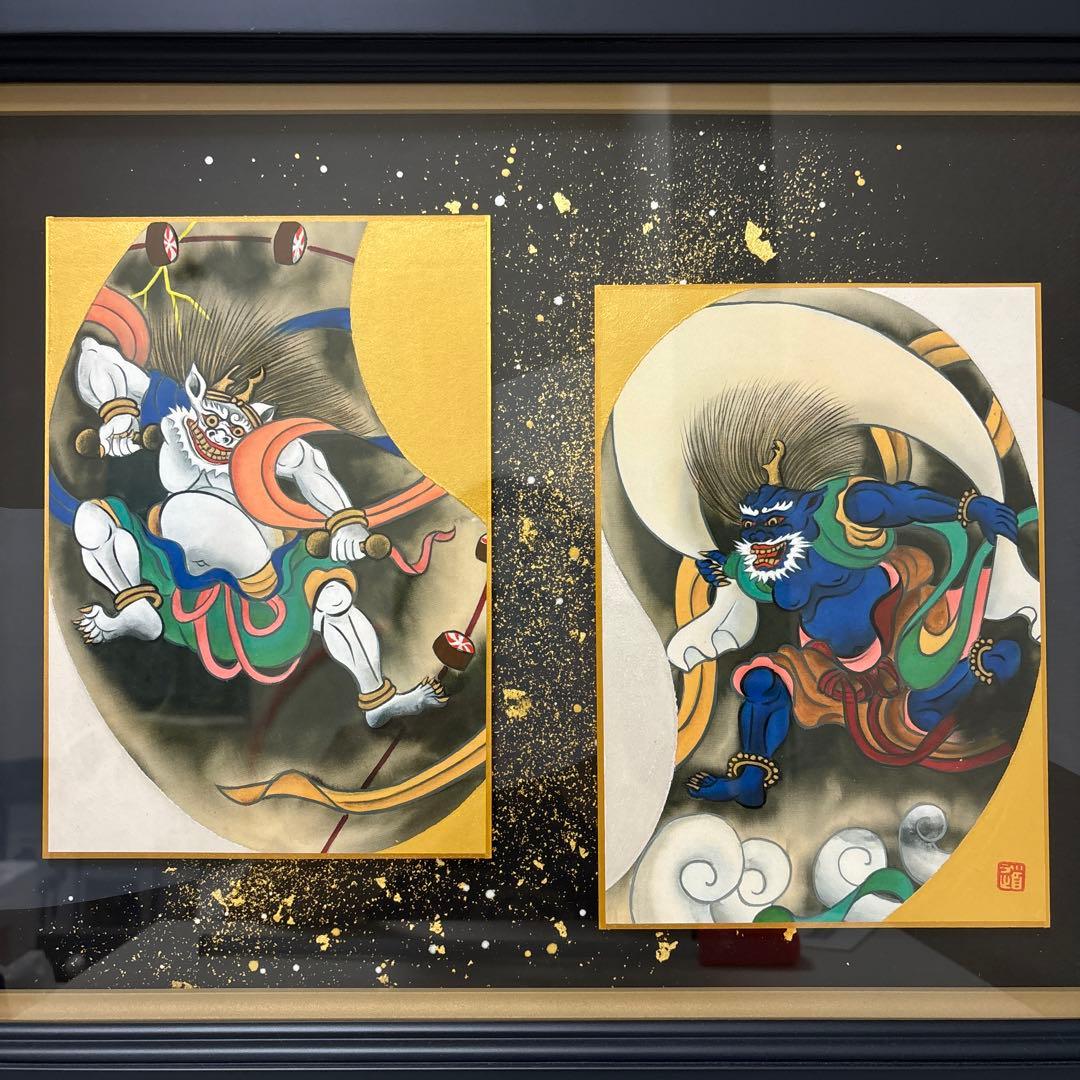 日本画 風神雷神図　浮世絵　色紙　金箔使用