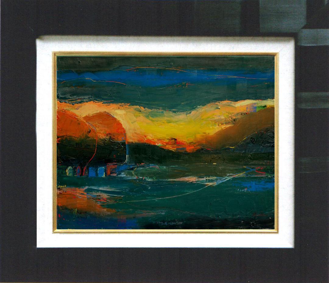 油絵 菅家令子 絵 絵画 インテリア 額付(黒)F4-072212 風景 夕朝陽