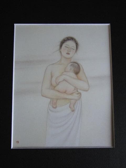 安田育代、【母と子】、希少な額装用画集より、新品額装付、状態良好