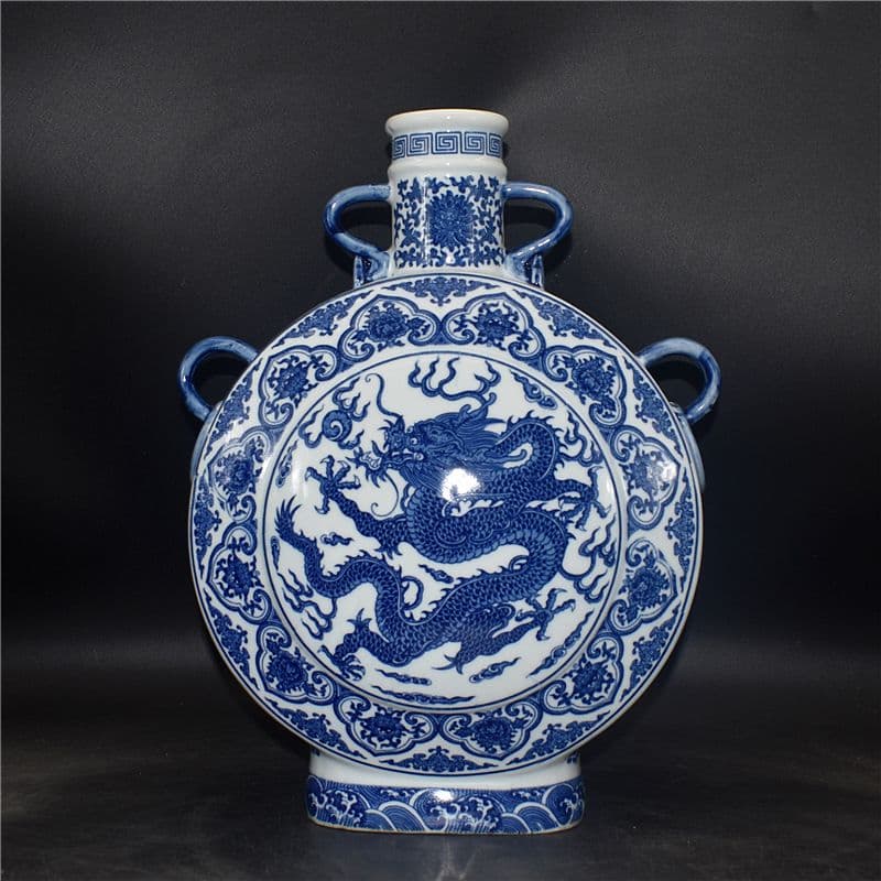 清乾隆青花開窓龍鳳呈祥福寿抱月瓶 景徳鎮 陶磁器 装飾品 現代工芸品美術品 置物