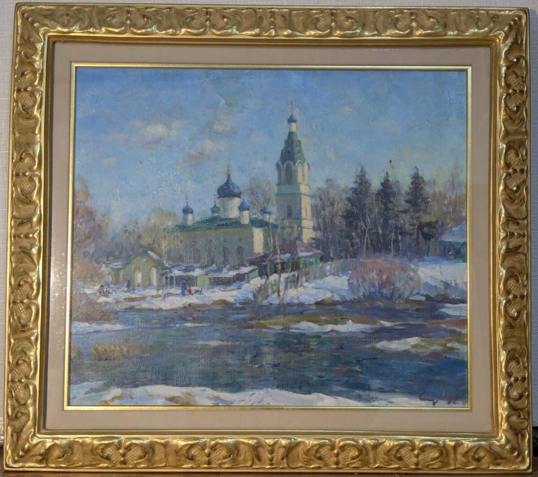 【真作】絵画　油彩10号　冬の教会　ロシアの雪景色　箱・黄袋入　Y54