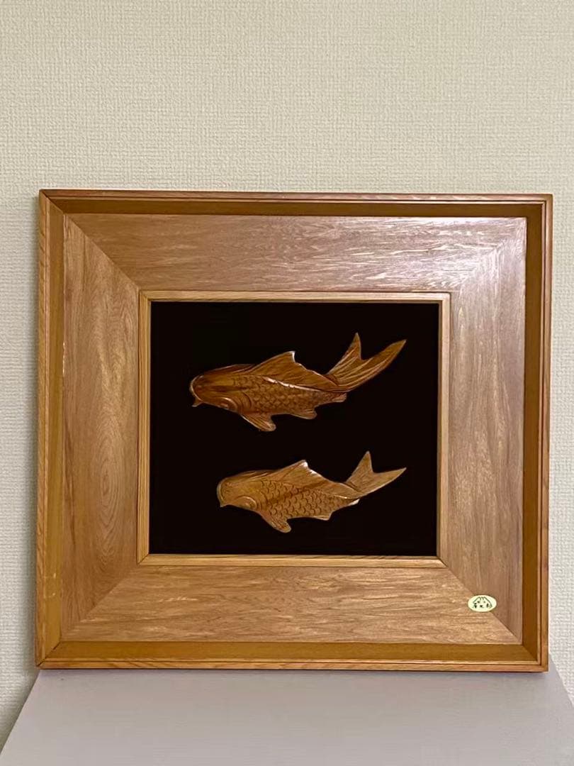 木彫り 額装屋久杉木魚双鯉 彫刻 年代品