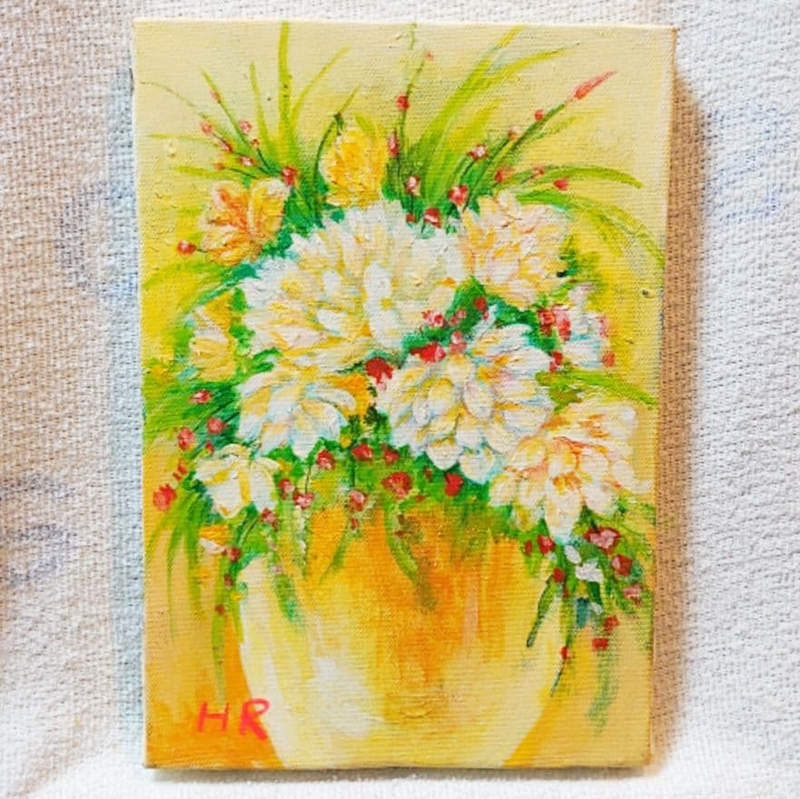 油絵 絵画【白と黄色花】