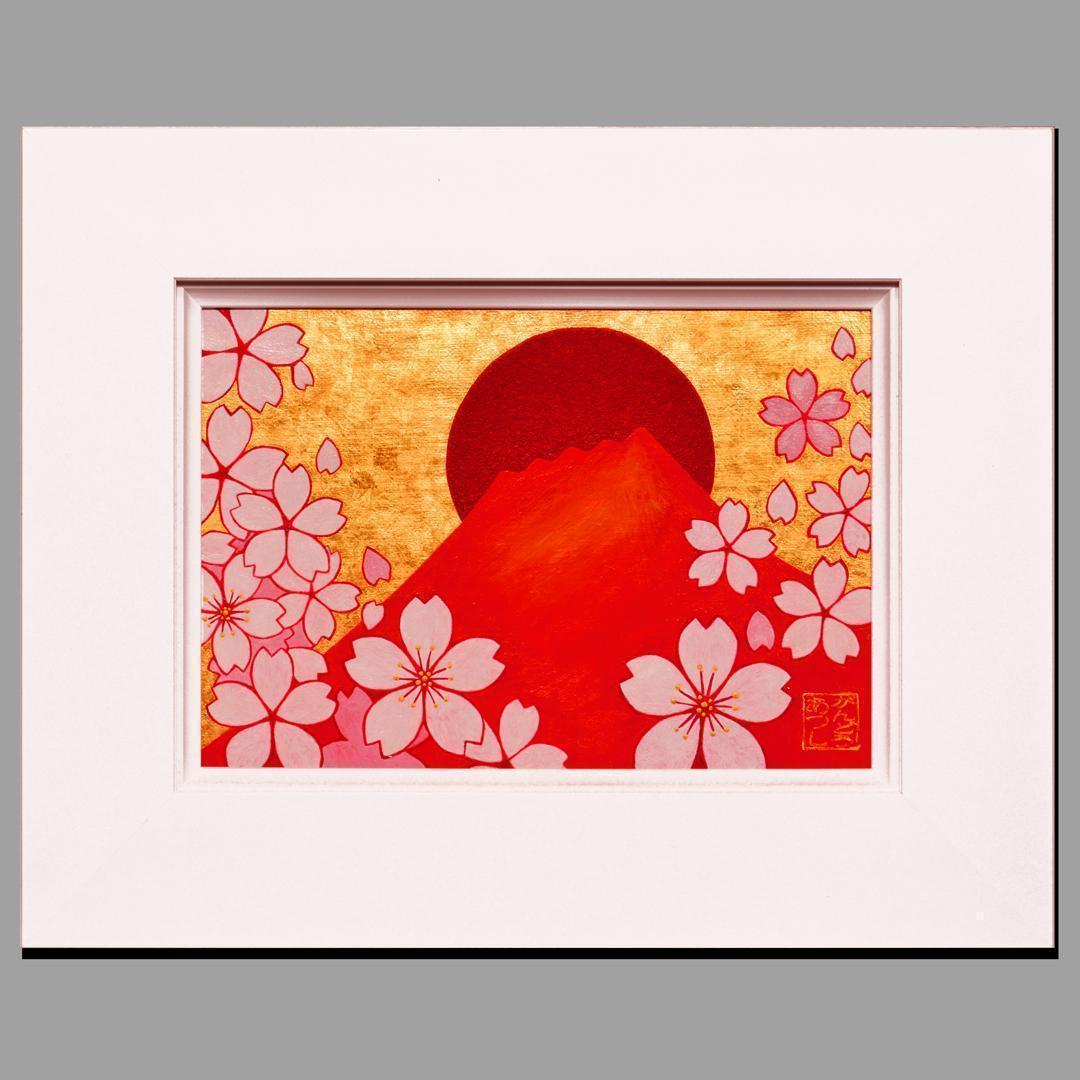 肉筆油絵原画◎『桜と赤富士』●がんどうあつし和洋絵画●純金箔膠日本画富士山