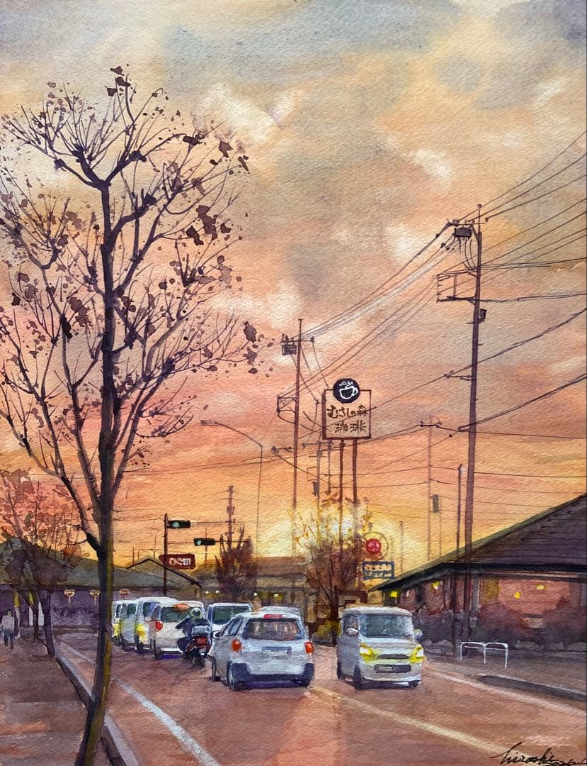 1093☆水彩画原画　風景画　夕景　［夕焼けのハナミズキ通り］