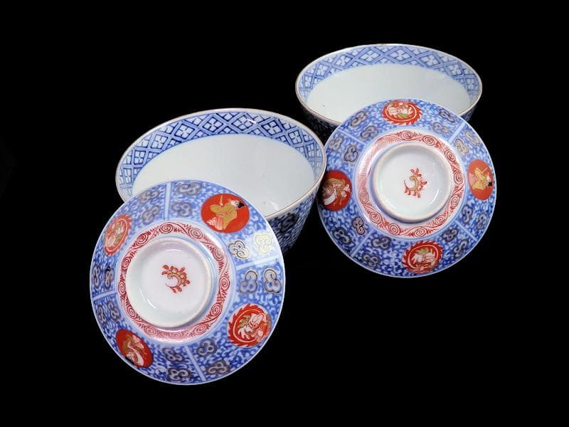 大聖寺伊万里　染錦　鳳凰に唐人　唐草の図　蓋茶碗　２客　A121AS-fbmj