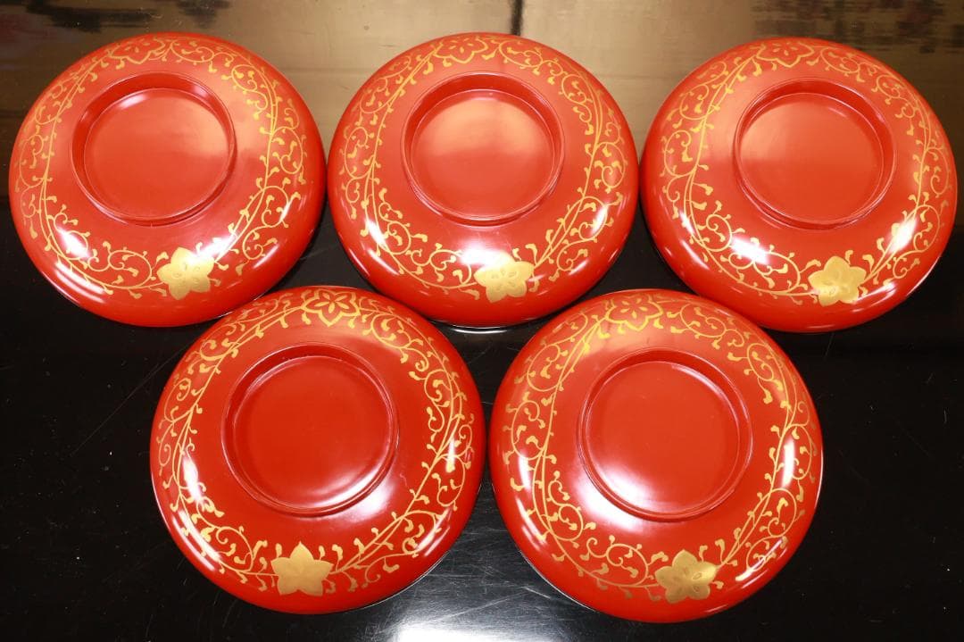 BJ120a　時代輪島塗　四君子図蒔絵　吸物椀　五客　木製　茶道具 懐石 菓子
