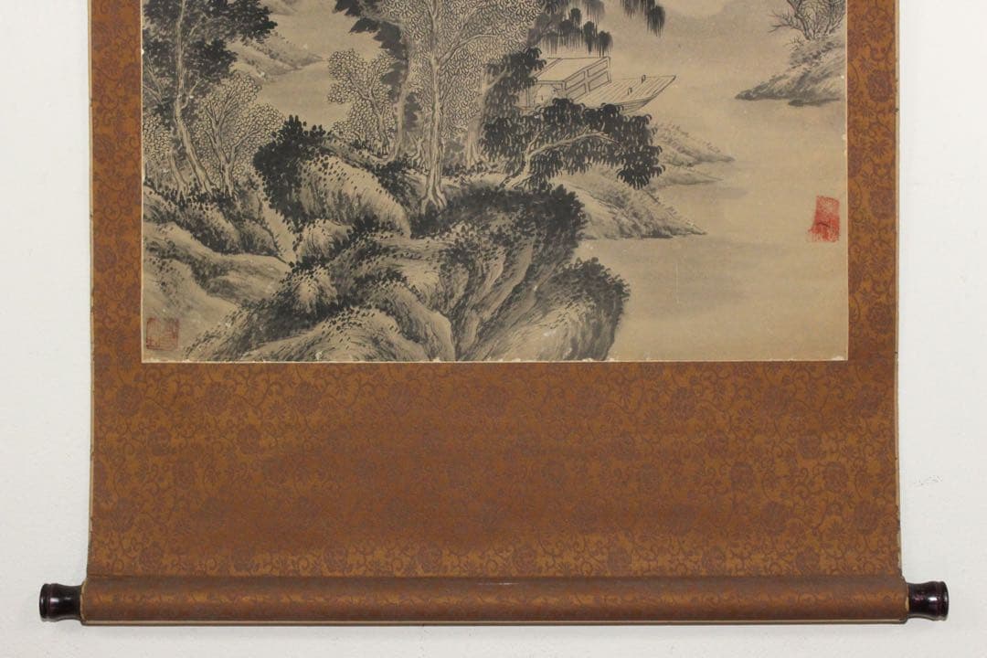 No5614 掛軸　在銘　啓祥　楓橋夜泊　画賛　紙本　中国画　山水　送料無料