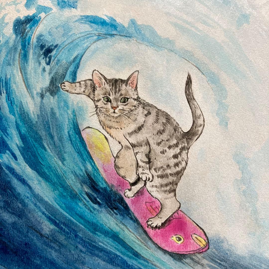 猫　サーフィン　サバトラ　とら猫　サーファー猫　夏　日本画　絵画　原画　海