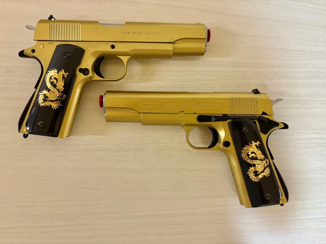 コルト M1911A1ガバメント　手作り　ギルデッドV12風　エアコッキング2丁