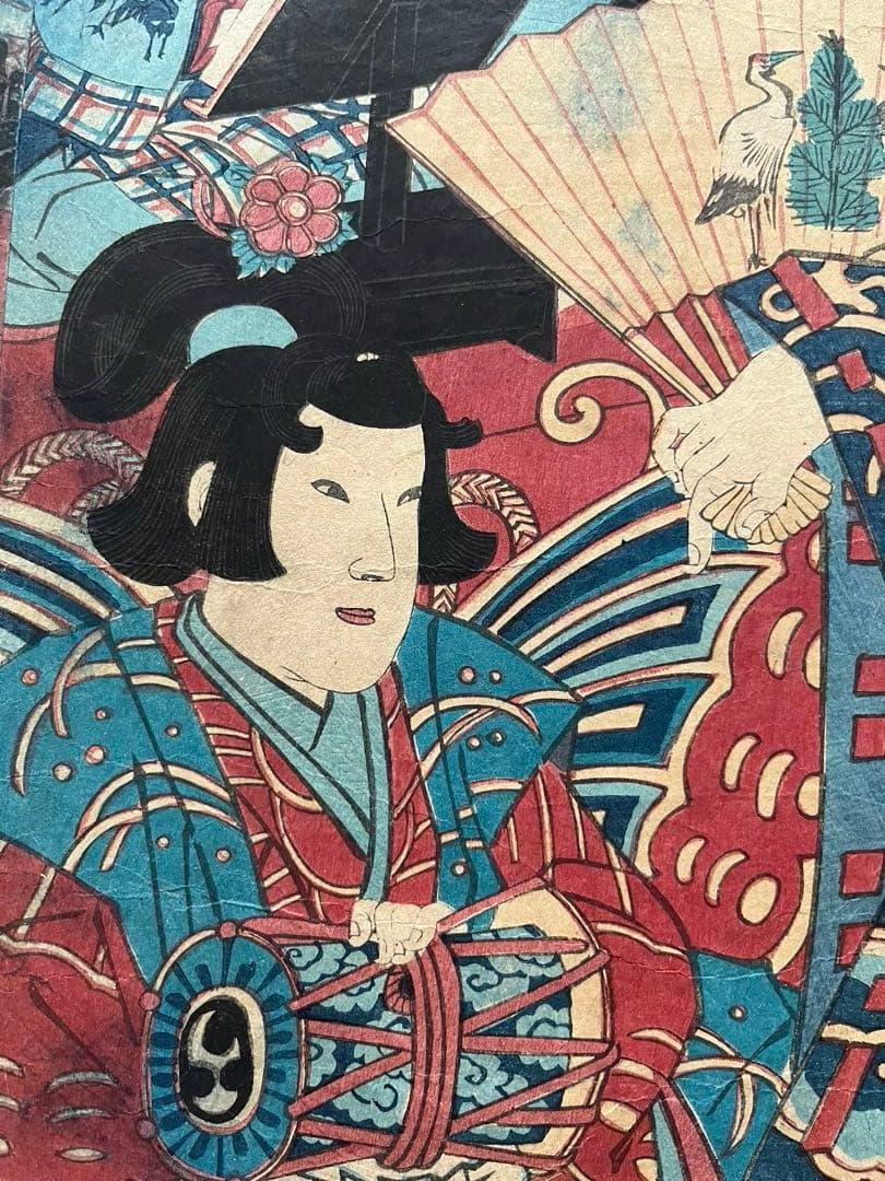 浮世絵 原画　豊原國周 版画 アンティーク美術　歌舞伎絵　木版画　3連画