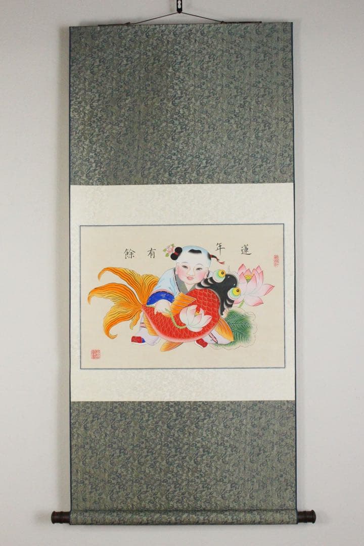 No5210 掛軸　中国画　「楊柳青年画」　木版画　紙本　古画　古美術　送料無料