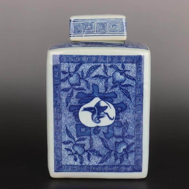 青鶴寿紋四角い茶筒  景徳鎮 陶磁器 装飾品 現代工芸品 美術品 置物