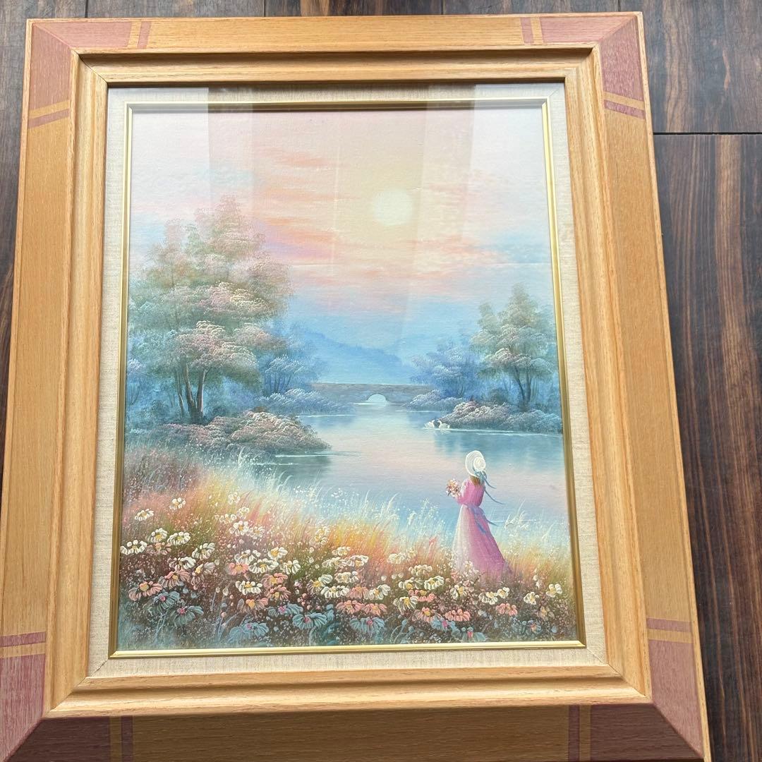 絵画　作者不詳　夕陽に映えるお花畑　油彩画