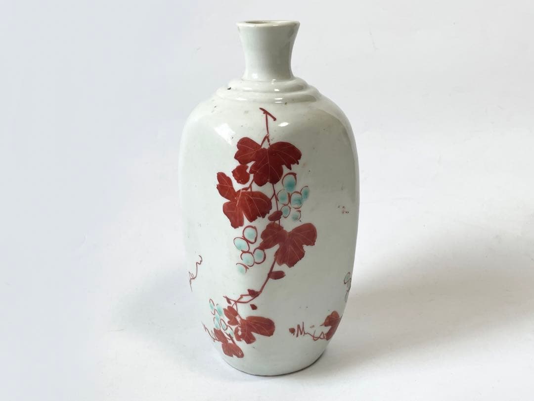 骨董　アンティーク　岩谷焼　蔦植物文　鞆徳利　徳利　保命酒徳利　赤絵　色絵　酒器