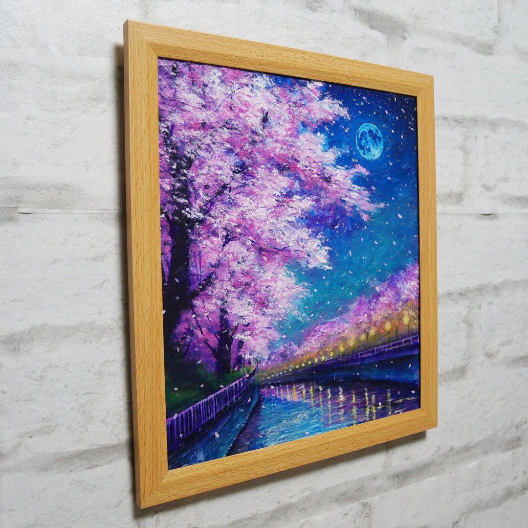 油絵 油彩 油彩画 絵画 絵【青い満月の夜桜】