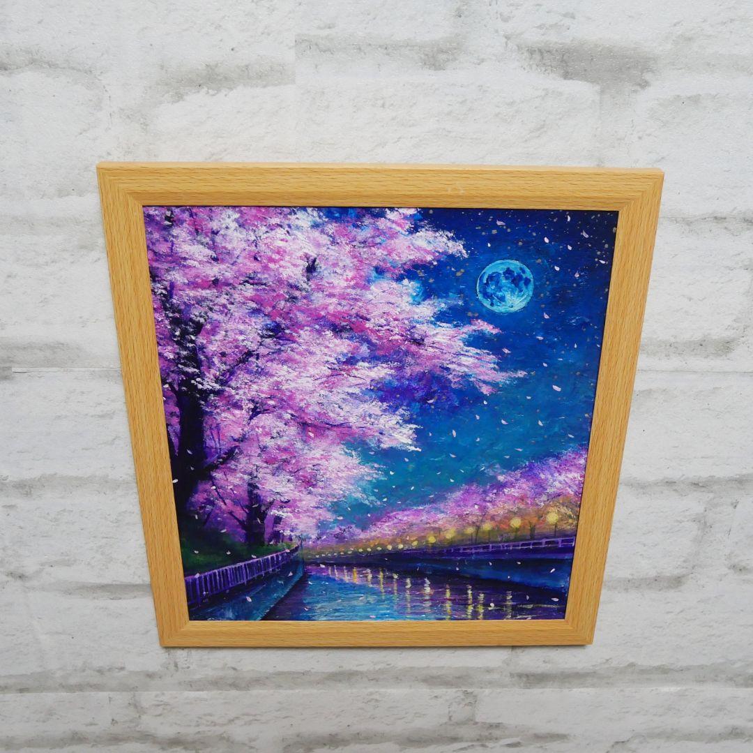 油絵 油彩 油彩画 絵画 絵【青い満月の夜桜】