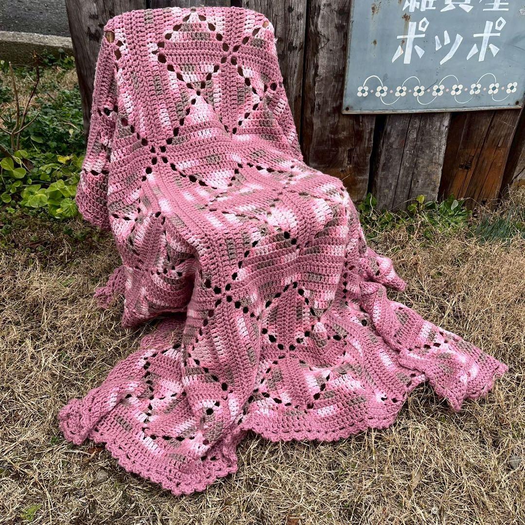 【USA vintage】グラニーブランケット ピンク　グレー　モチーフ
