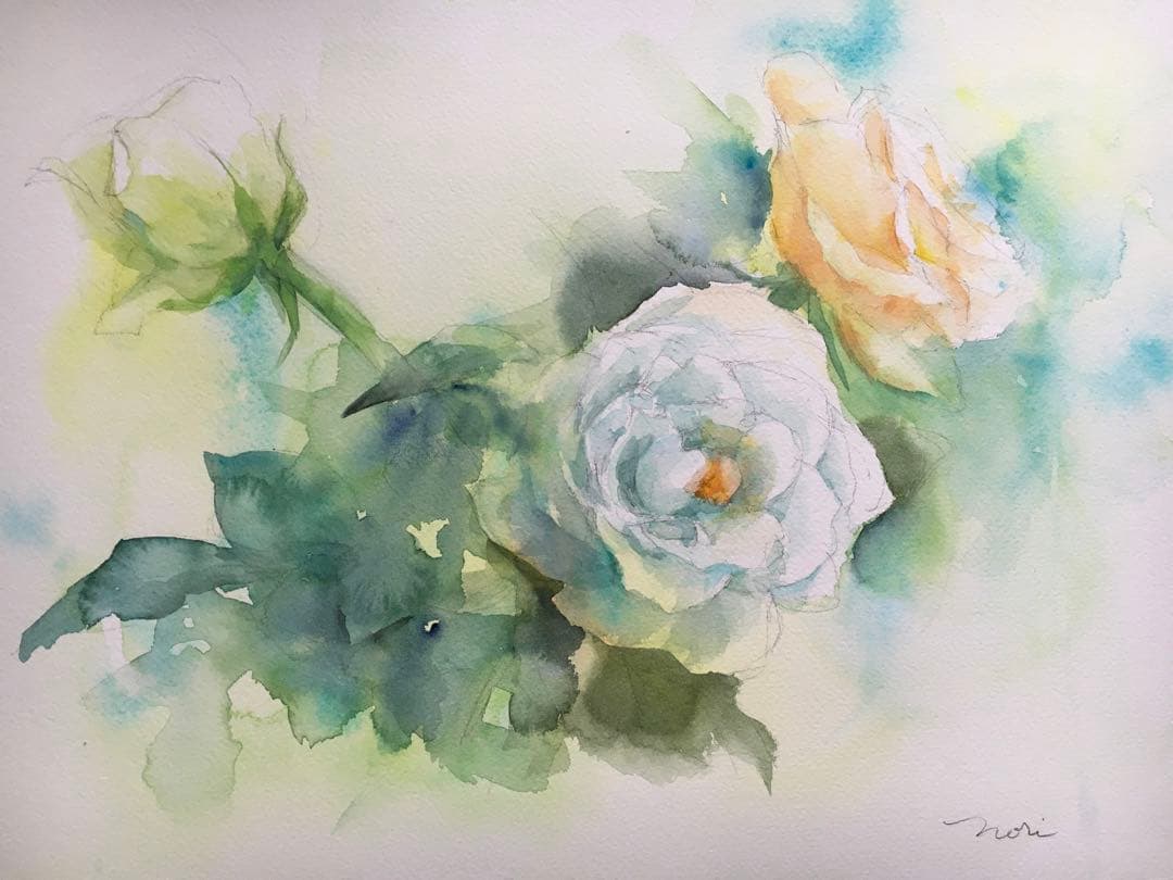 透明水彩画原画白薔薇ホワイトクリスマス⑦