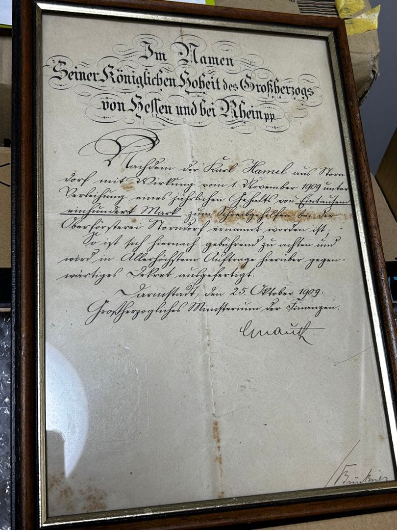 1909 ドイツ帝政手書き書類　ガラスフレーム付き