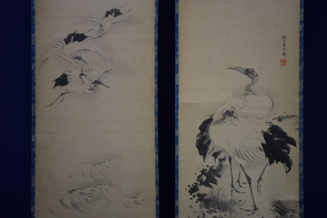 模写/佐伯岸駒/鶴図/双幅/布袋屋掛軸HG-236