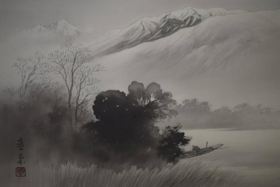 真作/春堂/水墨山水図/横物/桐共箱付/布袋屋掛軸HJ-25